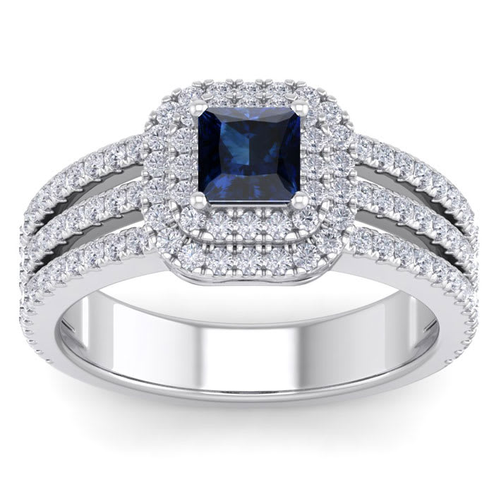 1 1/2 Carat Princess Shape Double Halo Sapphire and Diamond Engagement Ring In 14 Karat White Gold