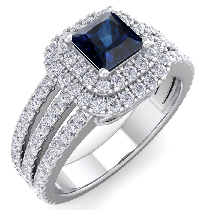 1 1/2 Carat Princess Shape Double Halo Sapphire and Diamond Engagement Ring In 14 Karat White Gold