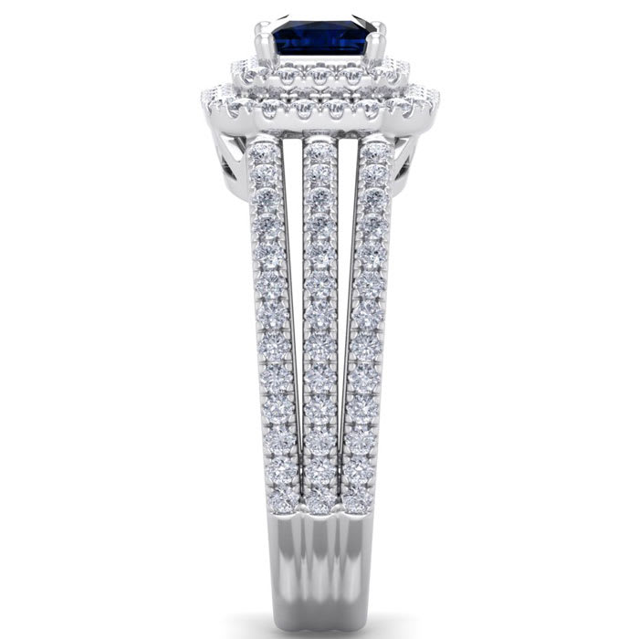 1 1/2 Carat Princess Shape Double Halo Sapphire and Diamond Engagement Ring In 14 Karat White Gold