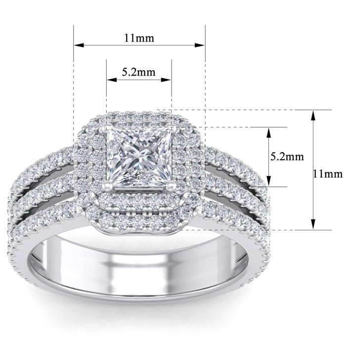 2 Carat Princess Shape Double Halo Diamond Engagement Ring In 14 Karat White Gold