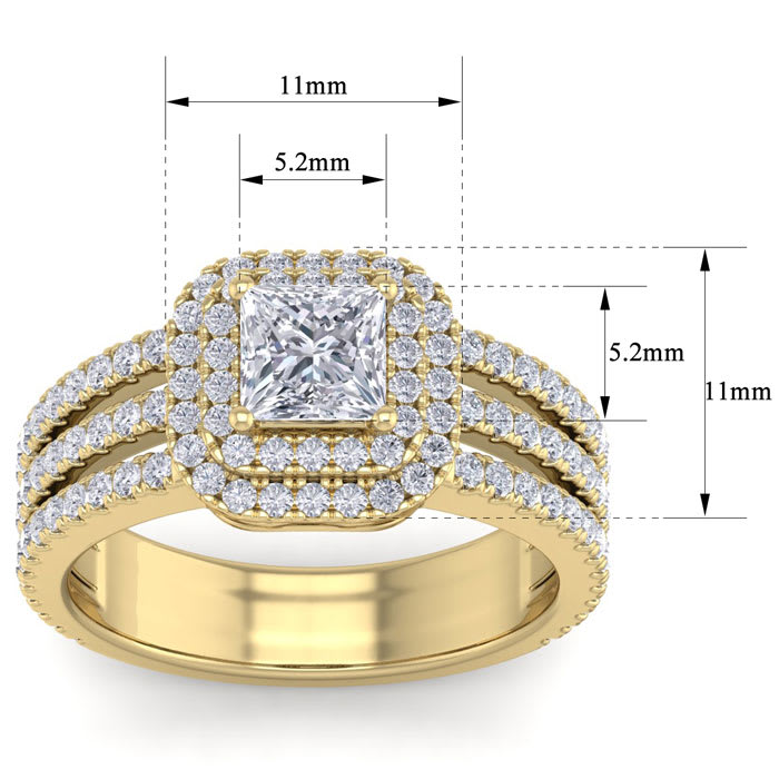 2 Carat Princess Shape Double Halo Diamond Engagement Ring In 14 Karat Yellow Gold