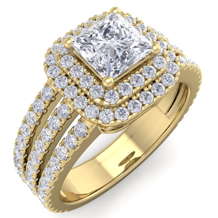 2 Carat Princess Shape Double Halo Diamond Engagement Ring In 14 Karat Yellow Gold