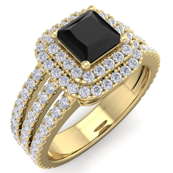 2 Carat Princess Shape Double Halo Black and White Diamond Engagement Ring In 14 Karat Yellow Gold