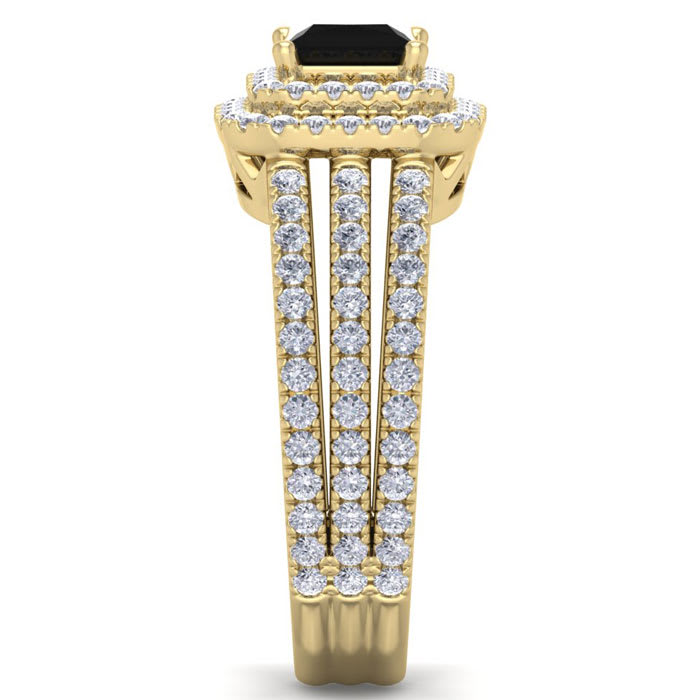 2 Carat Princess Shape Double Halo Black and White Diamond Engagement Ring In 14 Karat Yellow Gold