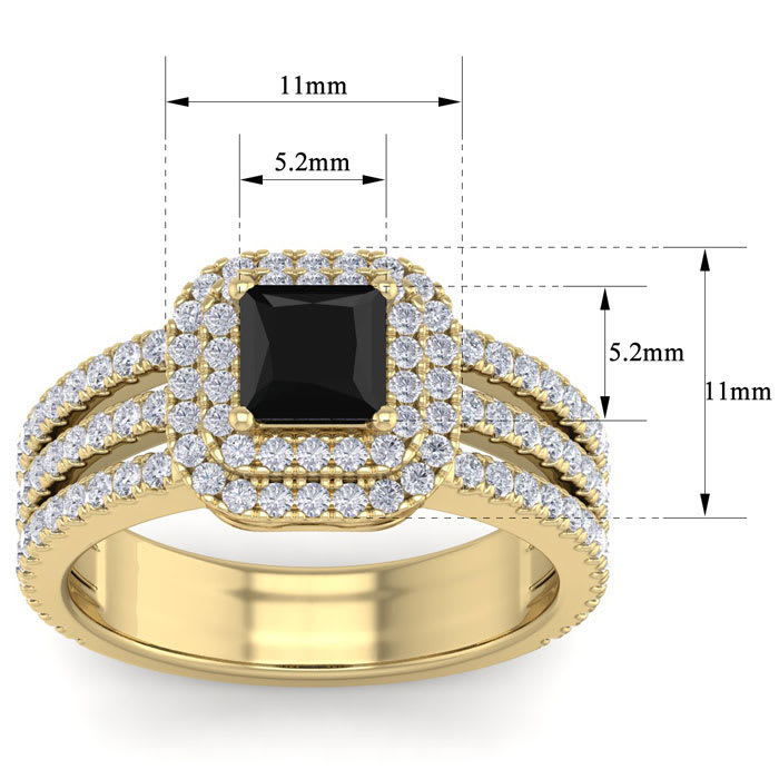 2 Carat Princess Shape Double Halo Black and White Diamond Engagement Ring In 14 Karat Yellow Gold
