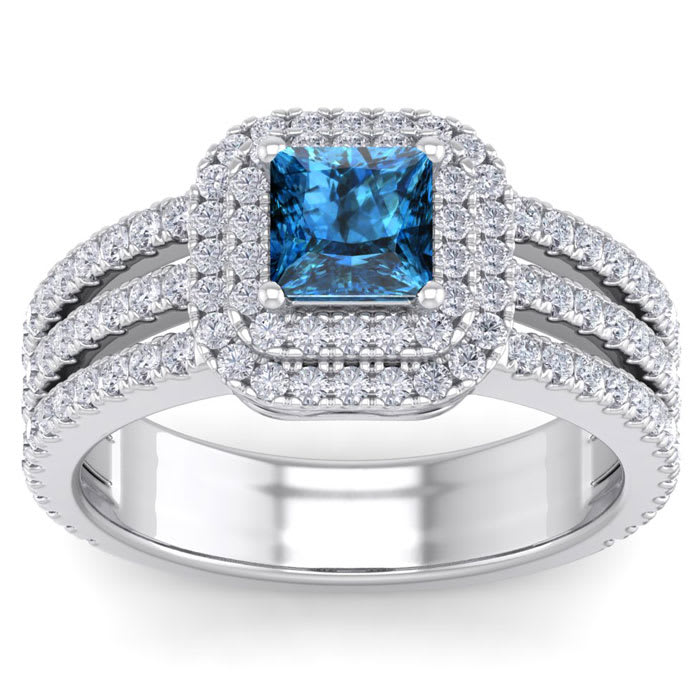 2 Carat Princess Shape Double Halo Blue and White Diamond Engagement Ring In 14 Karat White Gold