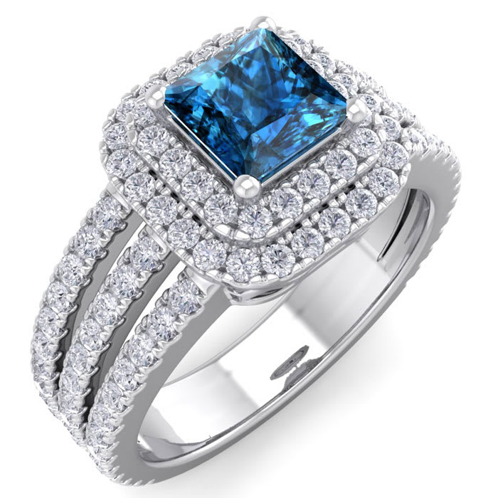 2 Carat Princess Shape Double Halo Blue and White Diamond Engagement Ring In 14 Karat White Gold
