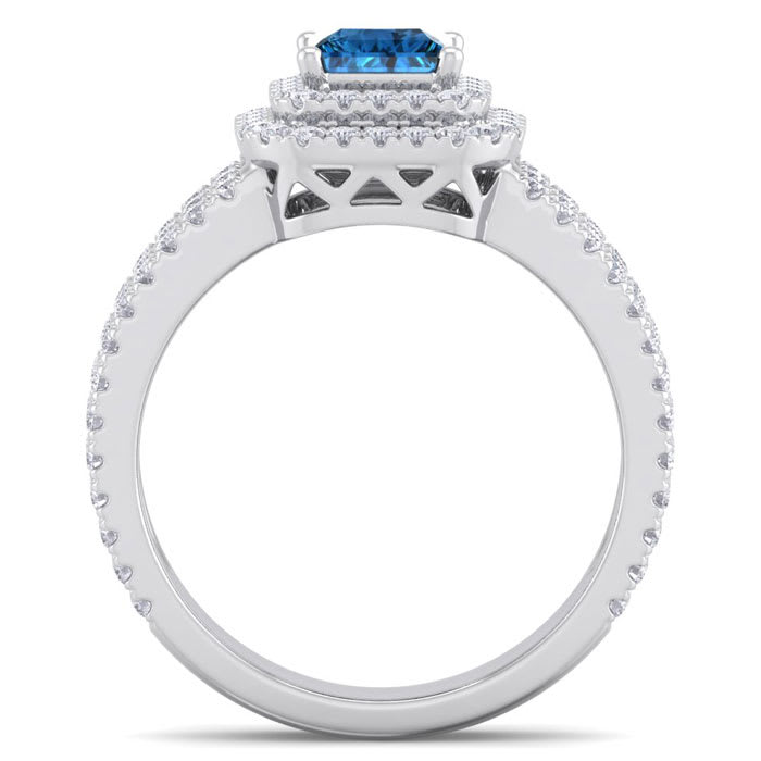 2 Carat Princess Shape Double Halo Blue and White Diamond Engagement Ring In 14 Karat White Gold