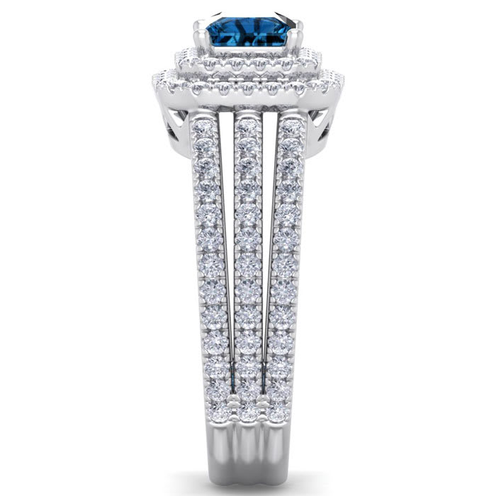 2 Carat Princess Shape Double Halo Blue and White Diamond Engagement Ring In 14 Karat White Gold