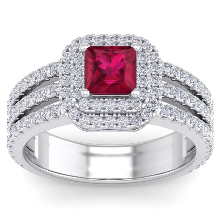2 Carat Princess Shape Double Halo Ruby and Diamond Engagement Ring In 14 Karat White Gold