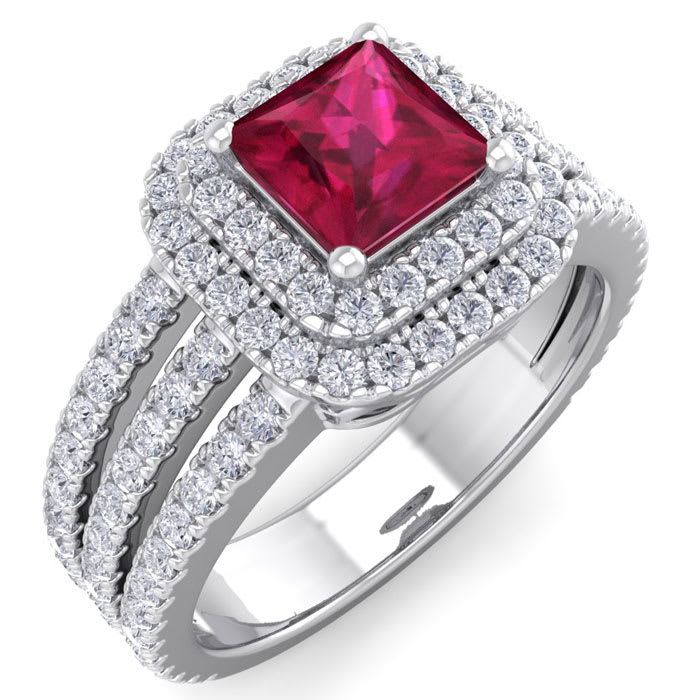 2 Carat Princess Shape Double Halo Ruby and Diamond Engagement Ring In 14 Karat White Gold