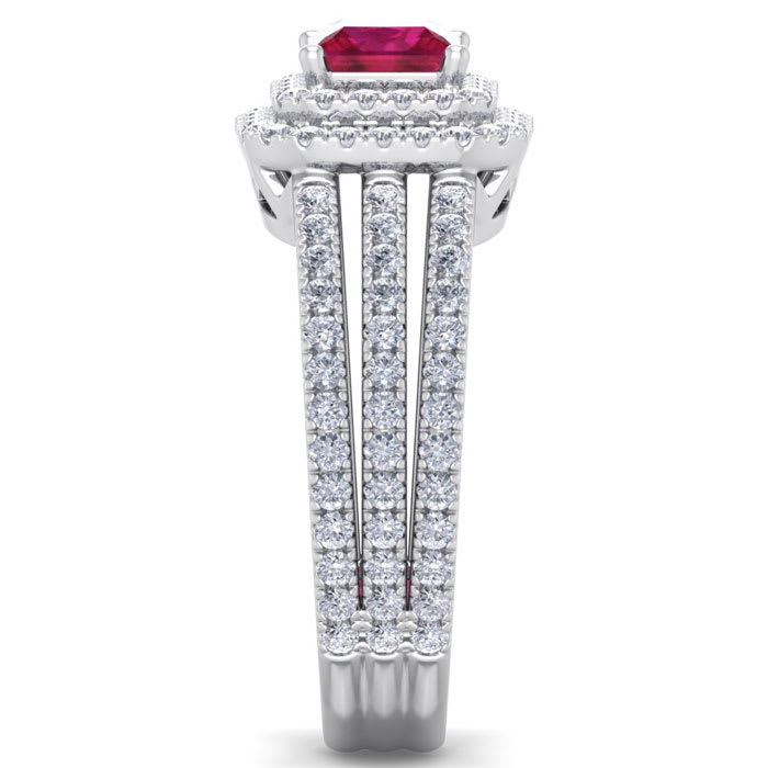 2 Carat Princess Shape Double Halo Ruby and Diamond Engagement Ring In 14 Karat White Gold