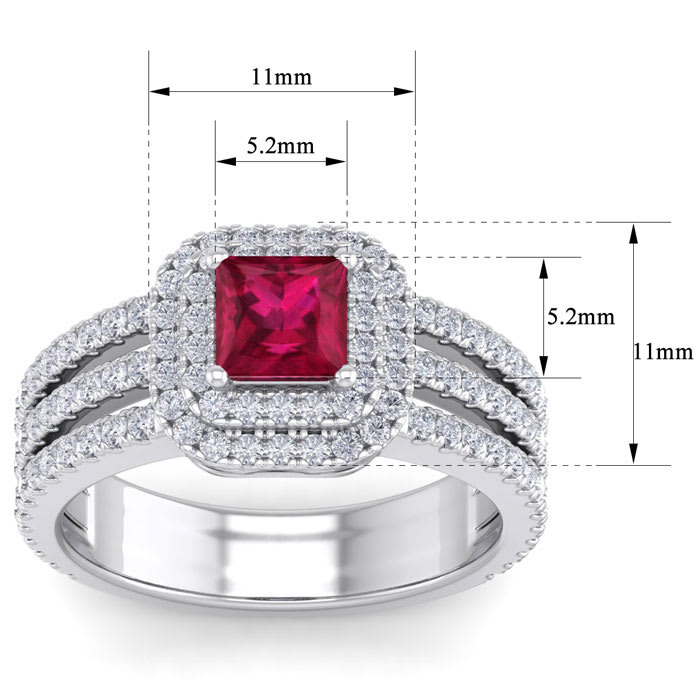 2 Carat Princess Shape Double Halo Ruby and Diamond Engagement Ring In 14 Karat White Gold