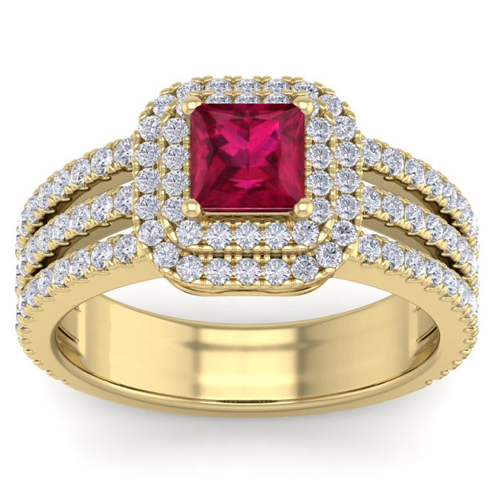 2 Carat Princess Shape Double Halo Ruby and Diamond Engagement Ring In 14 Karat Yellow Gold