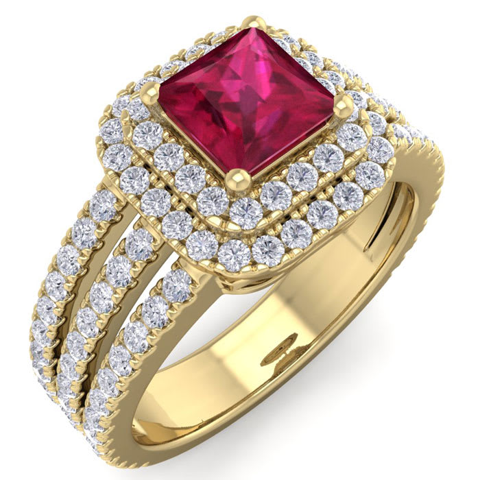 2 Carat Princess Shape Double Halo Ruby and Diamond Engagement Ring In 14 Karat Yellow Gold