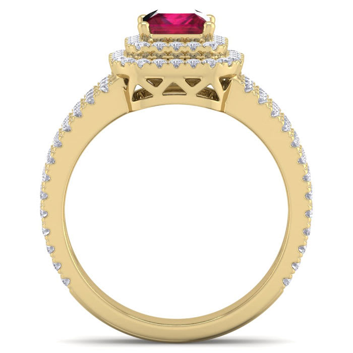 2 Carat Princess Shape Double Halo Ruby and Diamond Engagement Ring In 14 Karat Yellow Gold