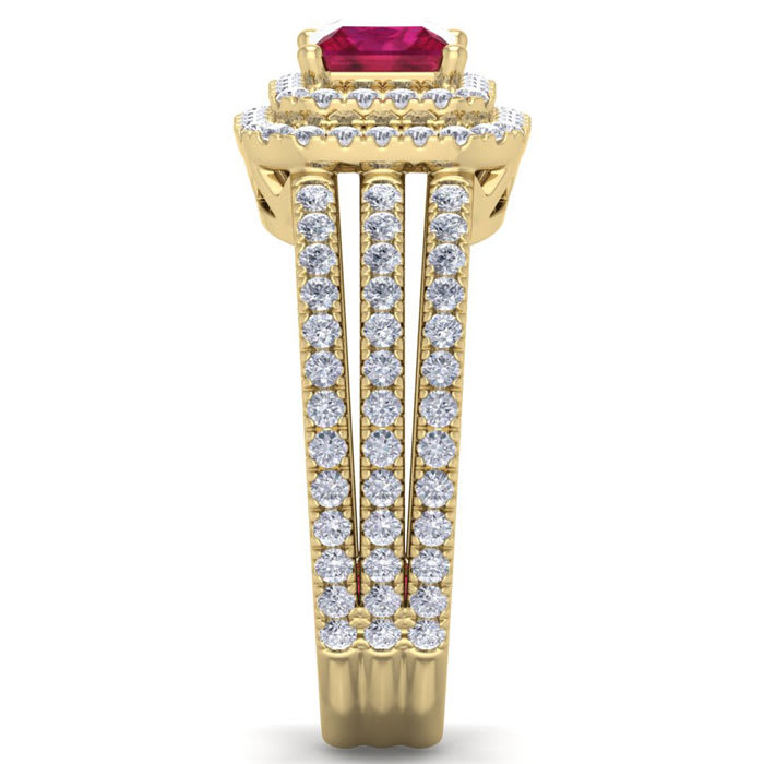 2 Carat Princess Shape Double Halo Ruby and Diamond Engagement Ring In 14 Karat Yellow Gold
