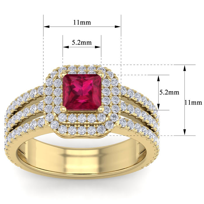 2 Carat Princess Shape Double Halo Ruby and Diamond Engagement Ring In 14 Karat Yellow Gold