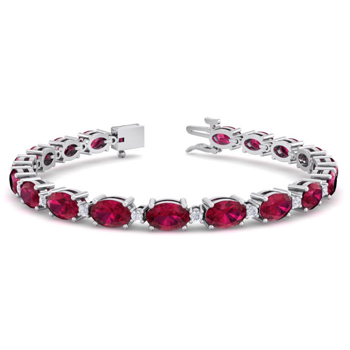 Ruby Bracelet; Ruby Tennis Bracelet; 11 Carat Oval Shape Ruby and Diamond Bracelet In 14 Karat White Gold
