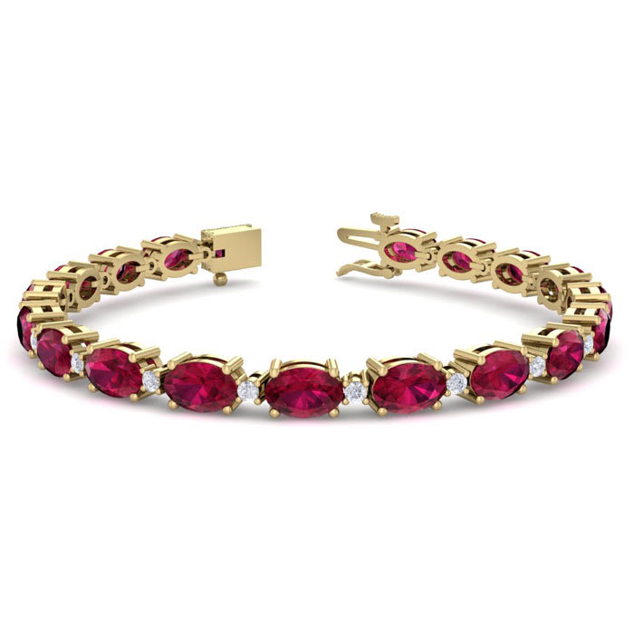 Ruby Bracelet; Ruby Tennis Bracelet; 11 Carat Oval Shape Ruby and Diamond Bracelet In 14 Karat Yellow Gold