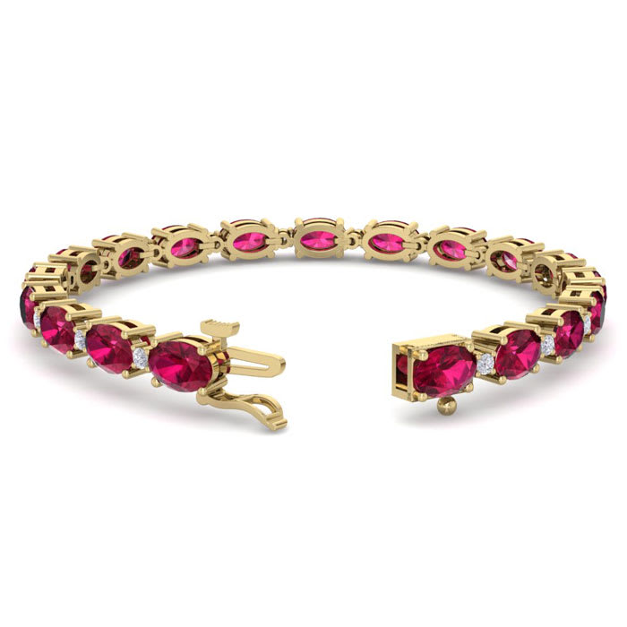 Ruby Bracelet; Ruby Tennis Bracelet; 11 Carat Oval Shape Ruby and Diamond Bracelet In 14 Karat Yellow Gold