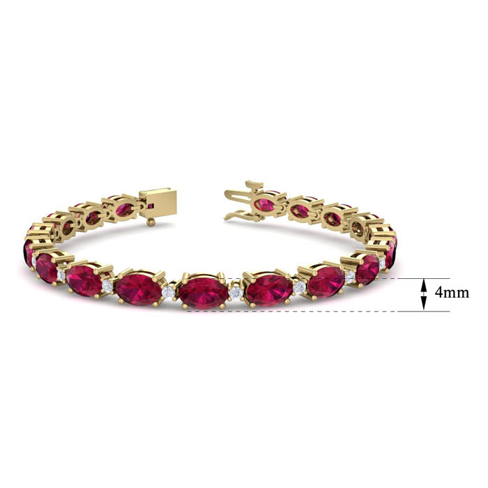Ruby Bracelet; Ruby Tennis Bracelet; 11 Carat Oval Shape Ruby and Diamond Bracelet In 14 Karat Yellow Gold
