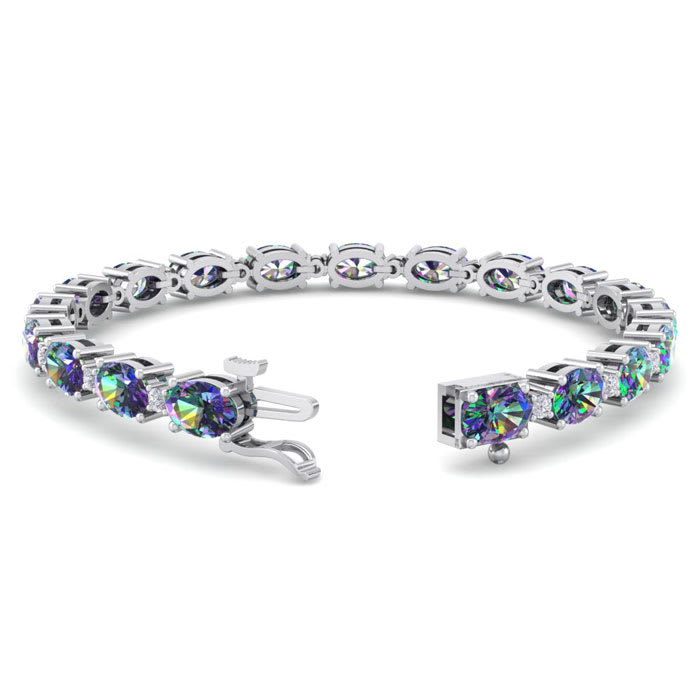 8 1/2 Carat Oval Shape Mystic Topaz and Diamond Bracelet In 14 Karat White Gold, 7 Inches