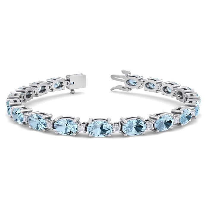 Aquamarine Bracelet: Aquamarine Jewelry: 9 Carat Oval Shape Aquamarine and Diamond Bracelet In 14 Karat White Gold, 7 Inches