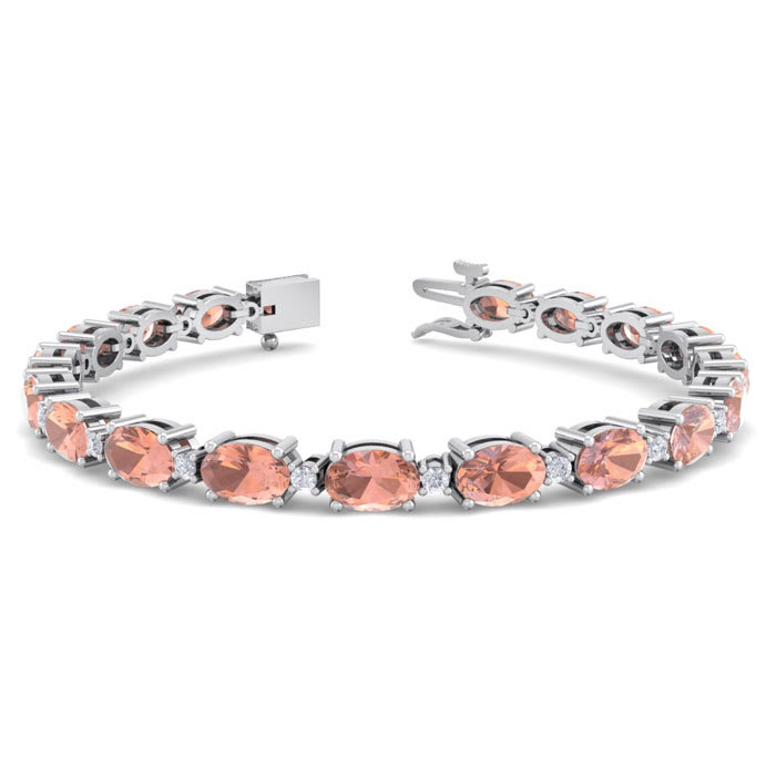 9 Carat Oval Shape Morganite Bracelet With Diamonds In 14 Karat White Gold, 7 Inches