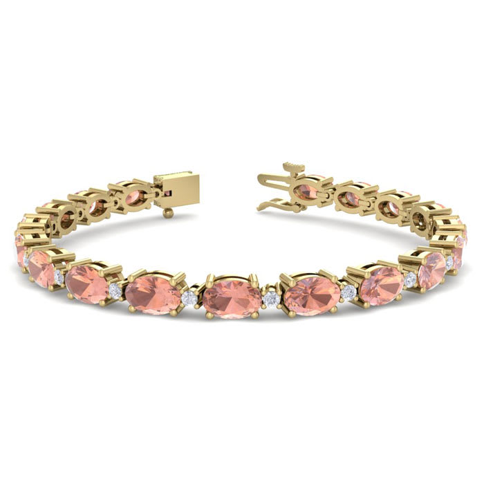 9 Carat Oval Shape Morganite Bracelet With Diamonds In 14 Karat Yellow Gold, 7 Inches