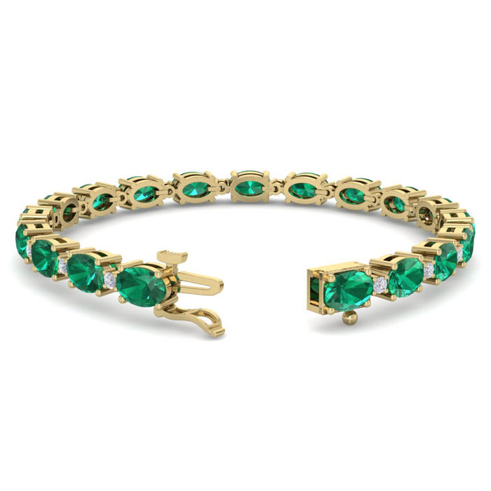 9 Carat Oval Shape Emerald and Diamond Bracelet In 14 Karat Yellow Gold, 9 Carat Oval Shape Emerald and Diamond Bracelet In 14 Karat Yellow Gold, 7 Inches