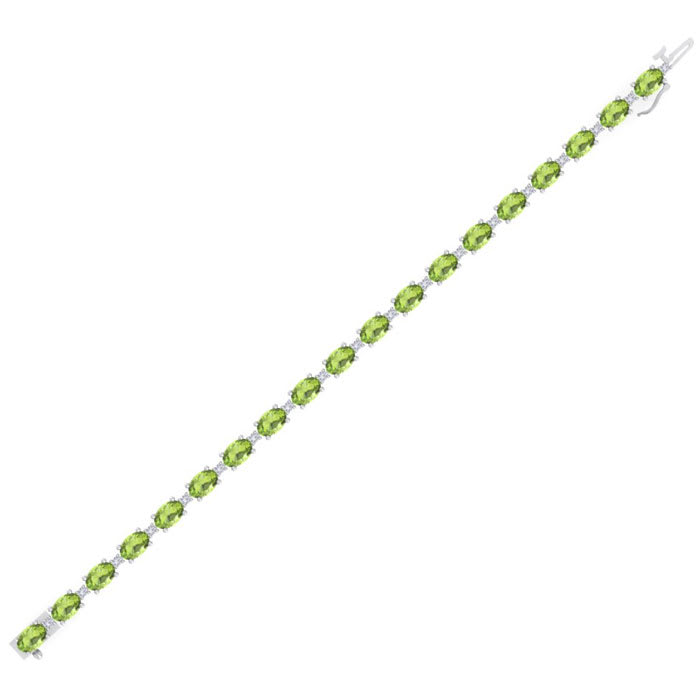 10 Carat Oval Shape Peridot and Diamond Bracelet In 14 Karat White Gold, 7 Inches