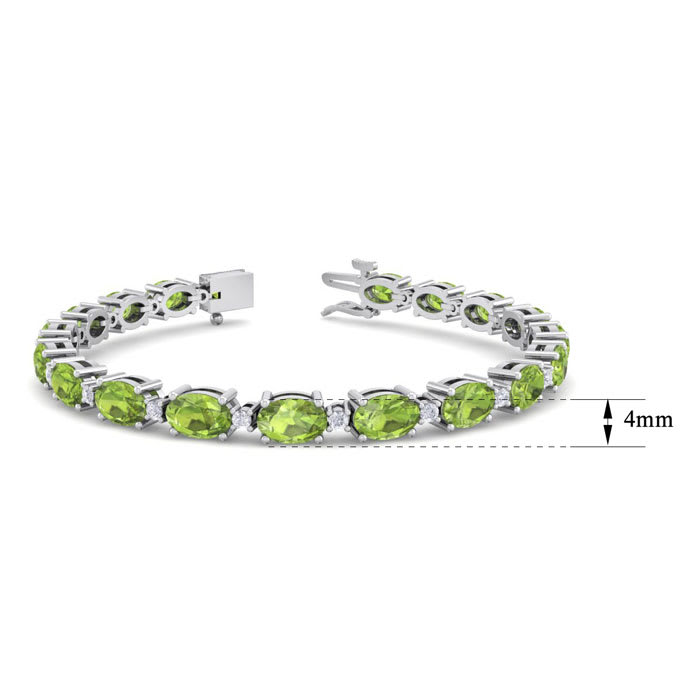 10 Carat Oval Shape Peridot and Diamond Bracelet In 14 Karat White Gold, 7 Inches