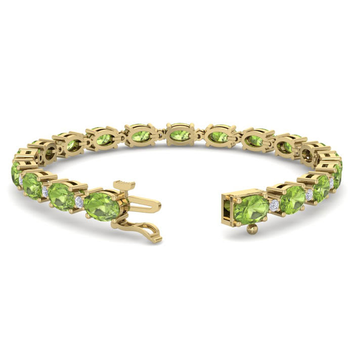 10 Carat Oval Shape Peridot and Diamond Bracelet In 14 Karat Yellow Gold, 7 Inches
