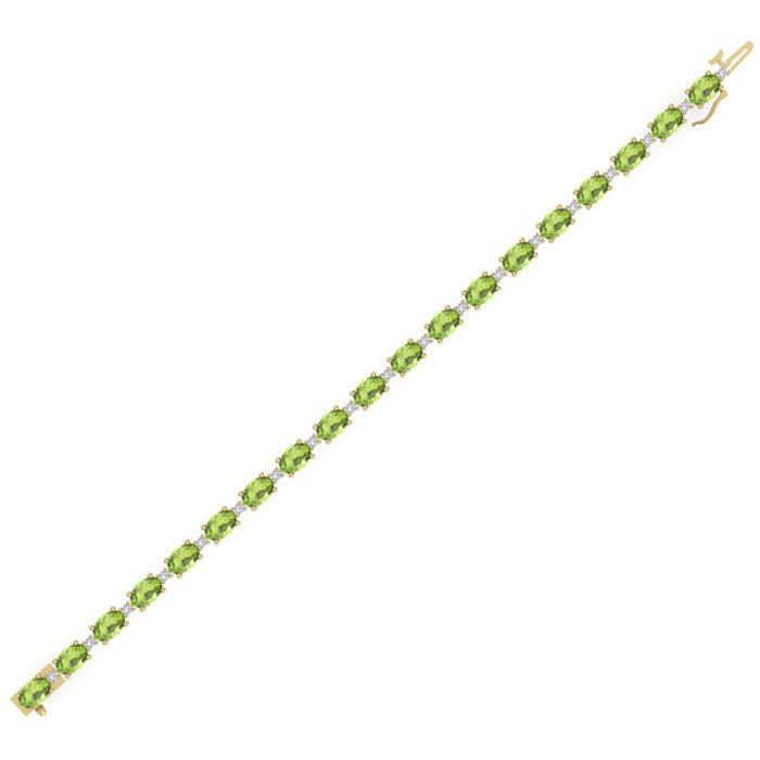 10 Carat Oval Shape Peridot and Diamond Bracelet In 14 Karat Yellow Gold, 7 Inches
