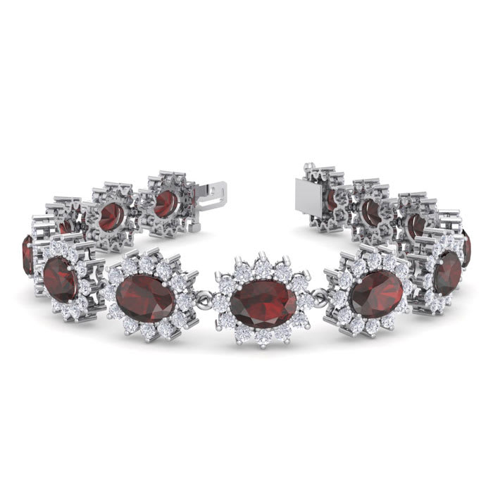 24 Carat Oval Shape Garnet and Halo Diamond Bracelet In 14 Karat White Gold 7 Inches