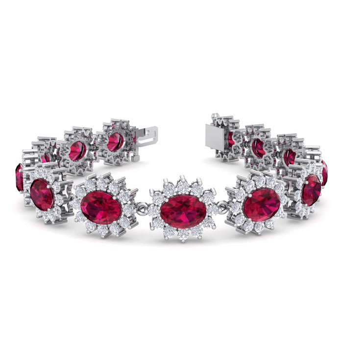 14K White Gold 25 Carat Oval Ruby Halo Diamond Bracelet