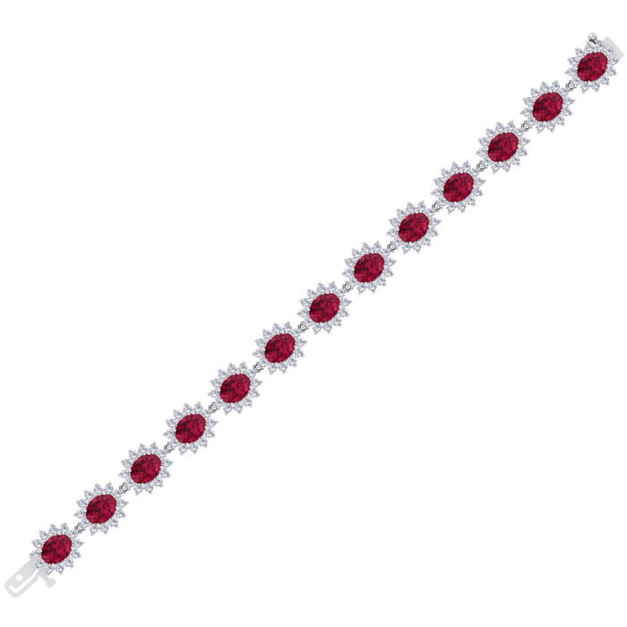 Ruby Bracelet; Ruby Tennis Bracelet; 25 Carat Oval Shape Ruby and Halo Diamond Bracelet In 14 Karat White Gold