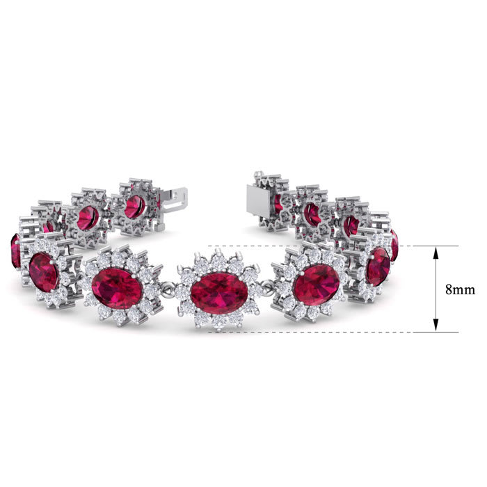 Ruby Bracelet; Ruby Tennis Bracelet; 25 Carat Oval Shape Ruby and Halo Diamond Bracelet In 14 Karat White Gold