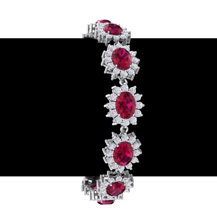 Ruby Bracelet; Ruby Tennis Bracelet; 25 Carat Oval Shape Ruby and Halo Diamond Bracelet In 14 Karat White Gold