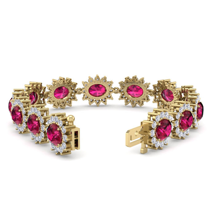 Ruby Bracelet; Ruby Tennis Bracelet; 25 Carat Oval Shape Ruby and Halo Diamond Bracelet In 14 Karat Yellow Gold