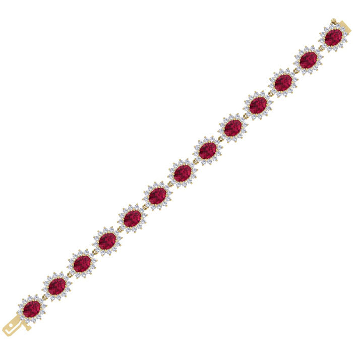 Ruby Bracelet; Ruby Tennis Bracelet; 25 Carat Oval Shape Ruby and Halo Diamond Bracelet In 14 Karat Yellow Gold