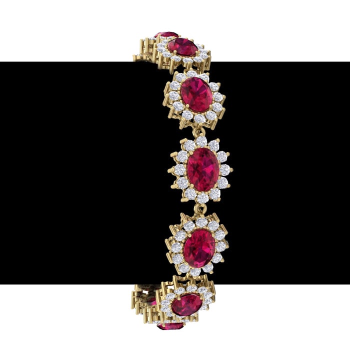 Ruby Bracelet; Ruby Tennis Bracelet; 25 Carat Oval Shape Ruby and Halo Diamond Bracelet In 14 Karat Yellow Gold