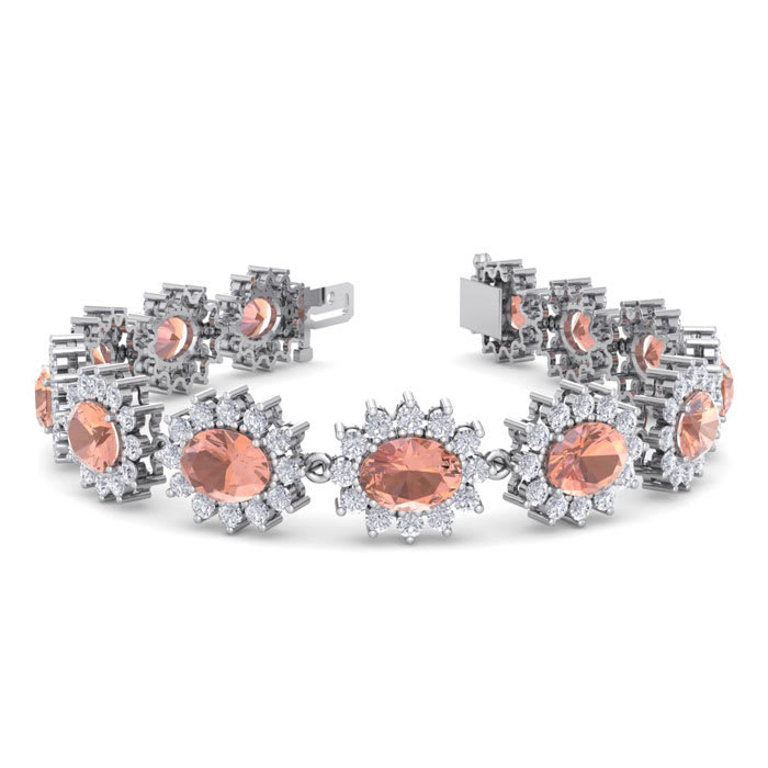 19 Carat Oval Shape Morganite Bracelet With Diamond Halo In 14 Karat White Gold, 7 Inches