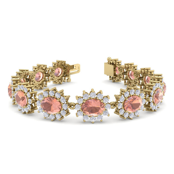 19 Carat Oval Shape Morganite Bracelet With Diamond Halo In 14 Karat Yellow Gold, 7 Inches