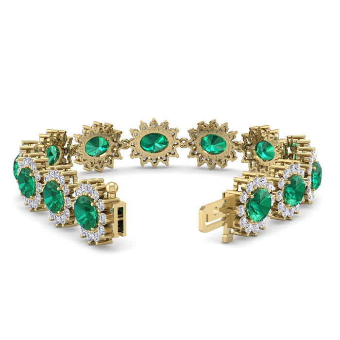 19 Carat Oval Shape Emerald and Halo Diamond Bracelet In 14 Karat Yellow Gold, 19 Carat Oval Shape Emerald and Halo Diamond Bracelet In 14 Karat Yellow Gold, 7 Inches