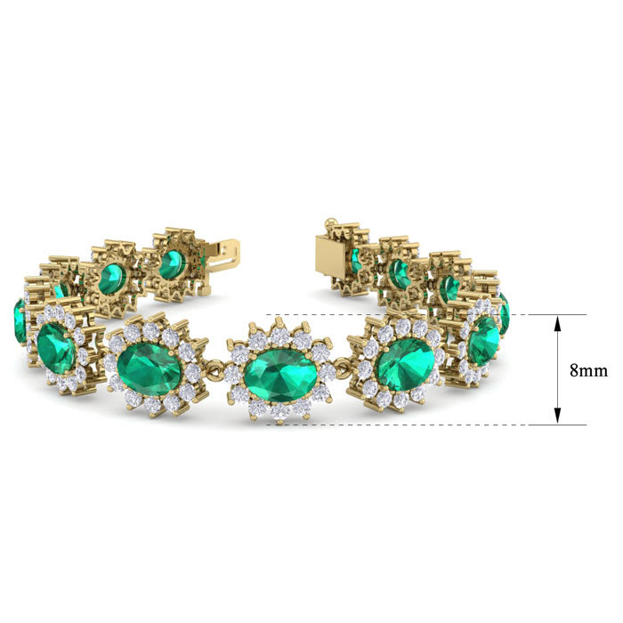 19 Carat Oval Shape Emerald and Halo Diamond Bracelet In 14 Karat Yellow Gold, 19 Carat Oval Shape Emerald and Halo Diamond Bracelet In 14 Karat Yellow Gold, 7 Inches