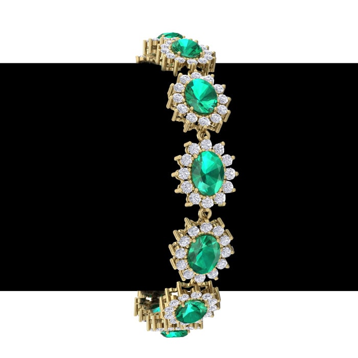 19 Carat Oval Shape Emerald and Halo Diamond Bracelet In 14 Karat Yellow Gold, 19 Carat Oval Shape Emerald and Halo Diamond Bracelet In 14 Karat Yellow Gold, 7 Inches