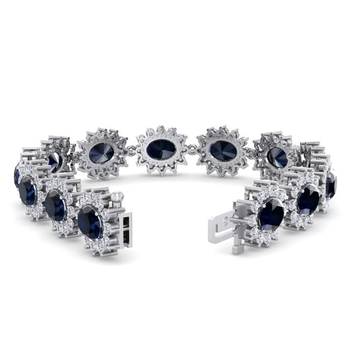 25 Carat Oval Shape Sapphire and Halo Diamond Bracelet In 14 Karat White Gold, 25 Carat Oval Shape Sapphire and Halo Diamond Bracelet In 14 Karat White Gold, 7 Inches