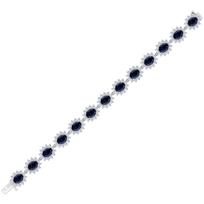 25 Carat Oval Shape Sapphire and Halo Diamond Bracelet In 14 Karat White Gold, 25 Carat Oval Shape Sapphire and Halo Diamond Bracelet In 14 Karat White Gold, 7 Inches